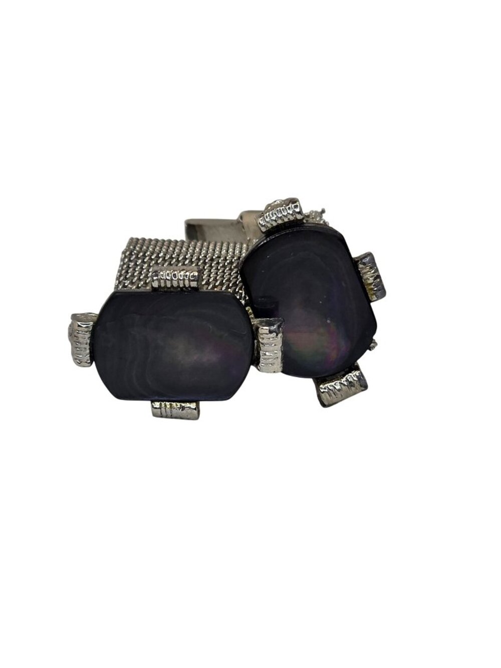 Vintage Onyx Mesh Wrap Cufflinks Silver Tone Metal